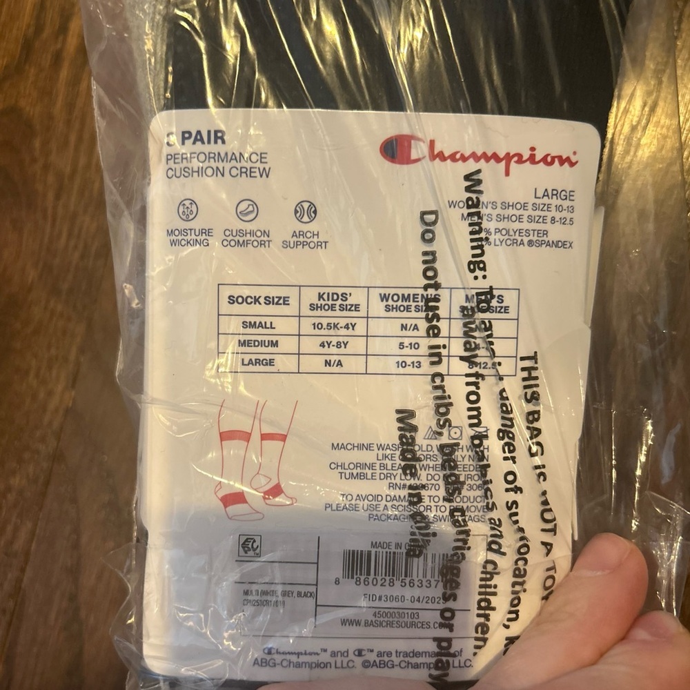 Champion Performance Athletic Crew Socks - White, Gray, and Black Size Large (3) - Picture 3 of 3